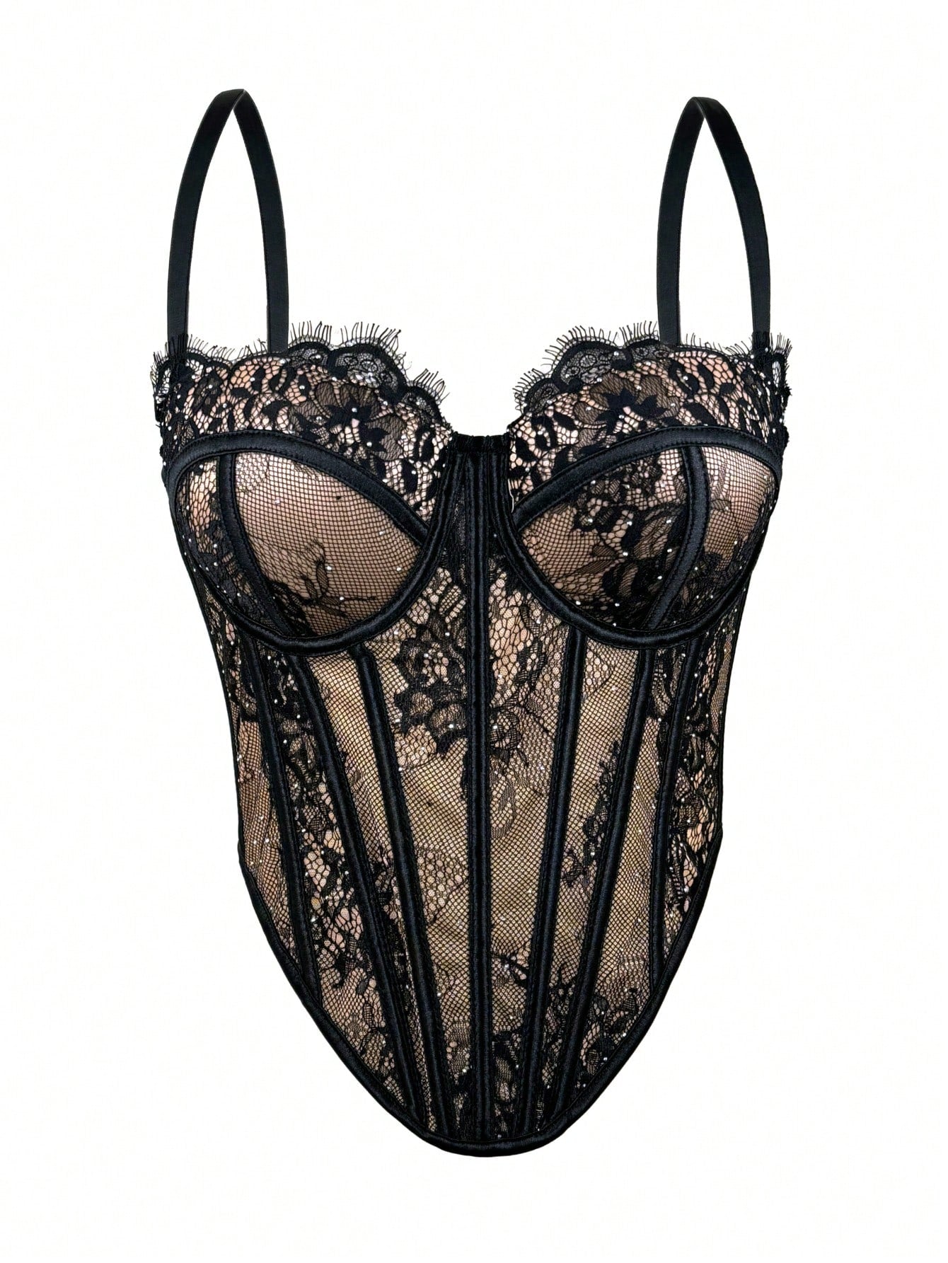 Black women's shaping cami with contrast lace, spaghetti straps, asymmetrical hem, lined body, and slim fit for casual and night-out styling.