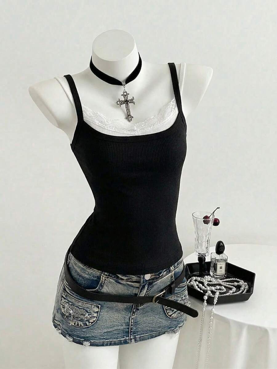 Women's slim fit spaghetti strap cami tank top with contrast lace trim along the neckline