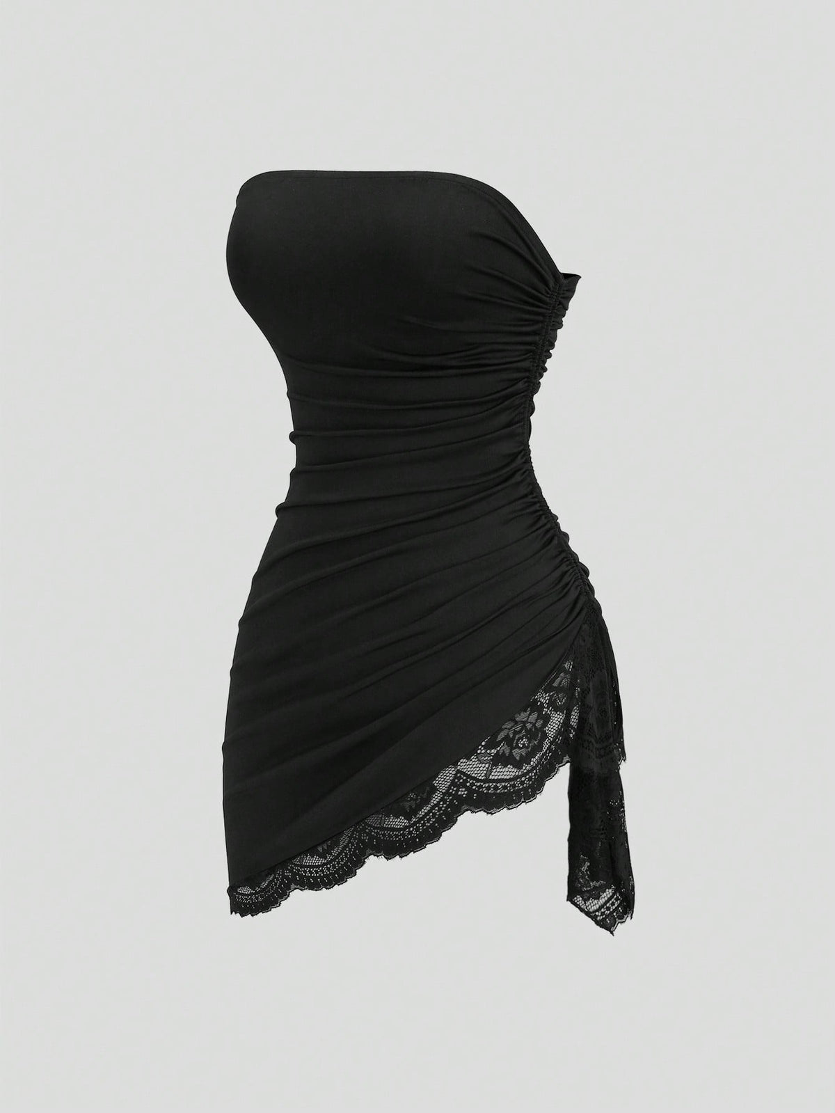 Women's black strapless lace patchwork bodycon mini dress featuring a slim fit design and an asymmetrical hem.
