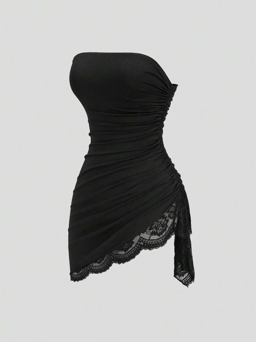 Women's black strapless lace patchwork bodycon mini dress featuring a slim fit design and an asymmetrical hem.