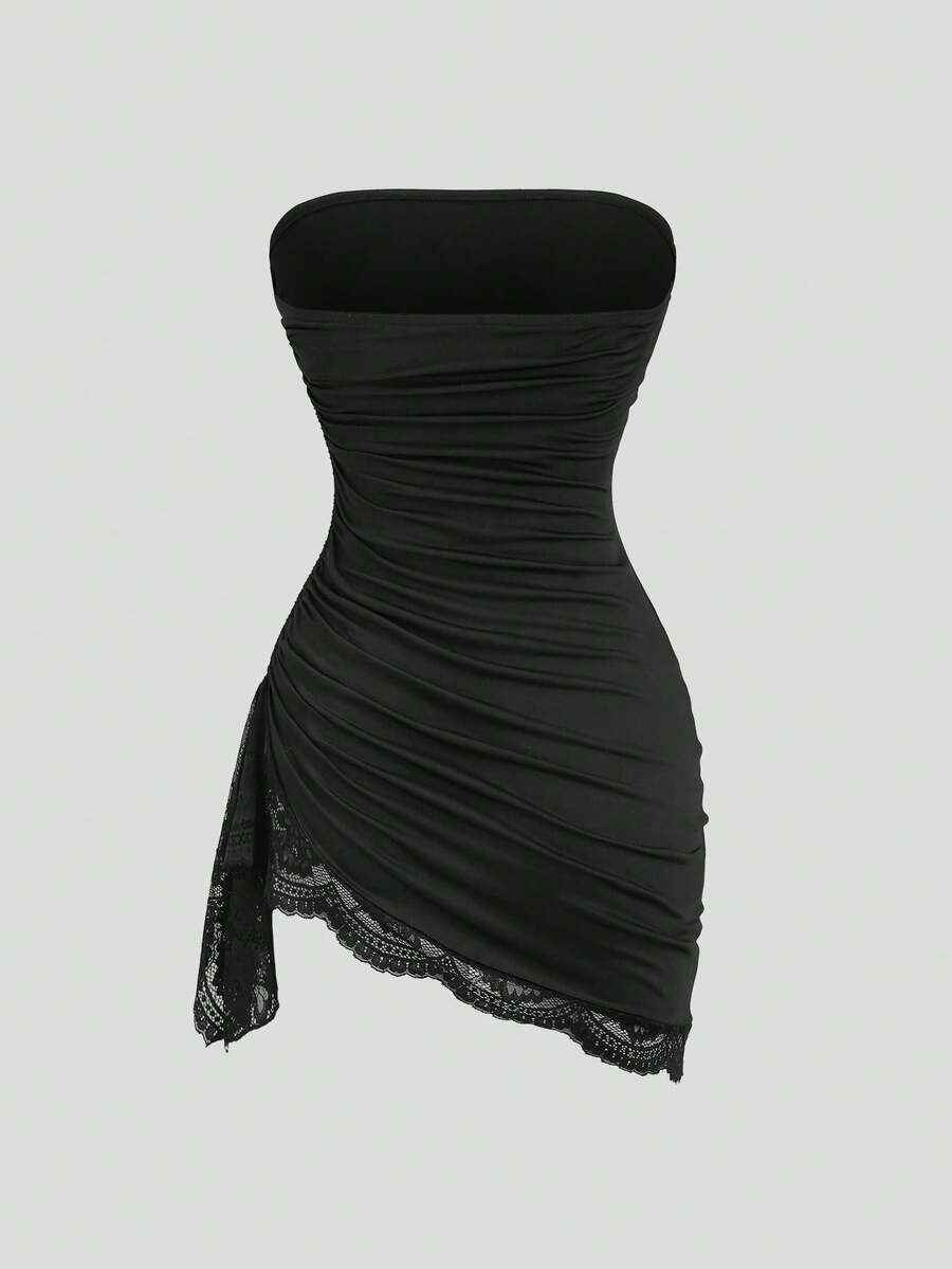 Women's black strapless lace patchwork bodycon mini dress featuring a slim fit design and an asymmetrical hem.