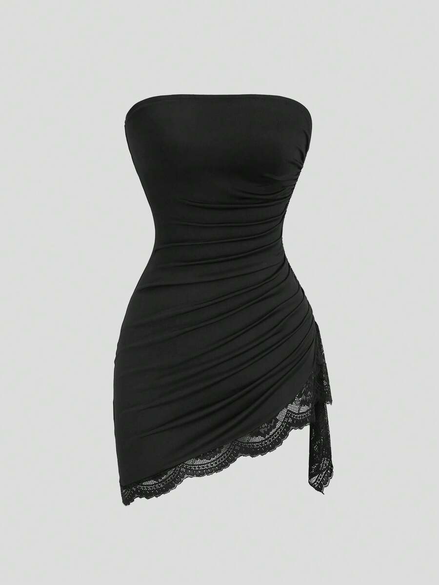 Women's black strapless lace patchwork bodycon mini dress featuring a slim fit design and an asymmetrical hem.