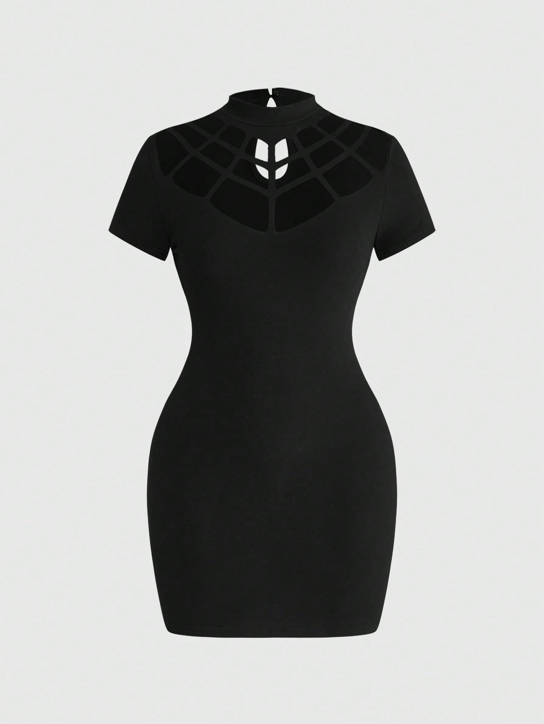 Women black spider web graphic bodycon mini dress with short sleeves, stand collar, and contrast mesh details.