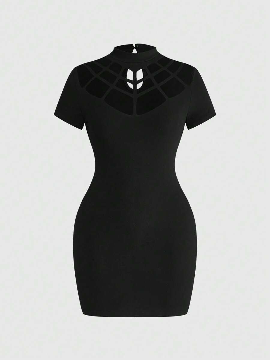 Women black spider web graphic bodycon mini dress with short sleeves, stand collar, and contrast mesh details.