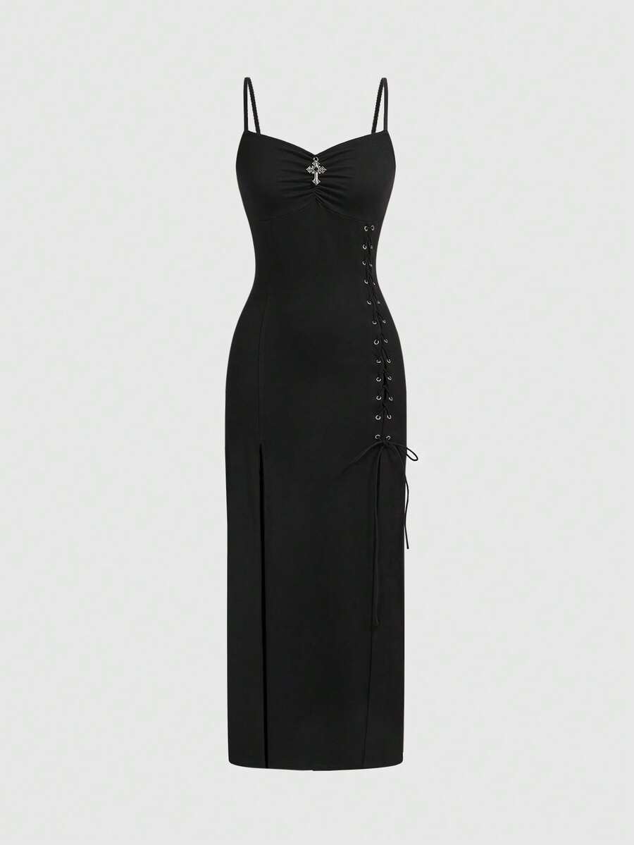 Black gothic bodycon slip dress featuring spaghetti straps, lace-up grommet eyelet accents, and a high split thigh hem.
