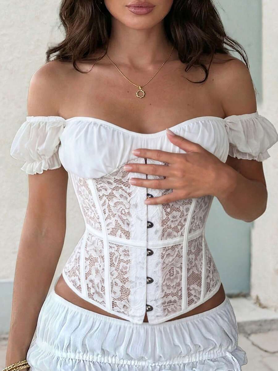 White women’s lace corset crop top with square neckline, boned detail, front button closure, and slim fit silhouette.