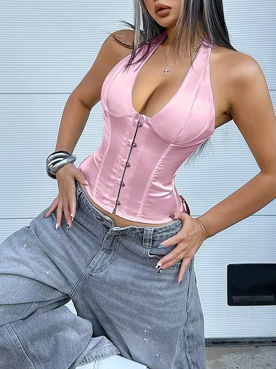White satin corset crop top featuring a halter neck, slim fit, and back lace-up design.