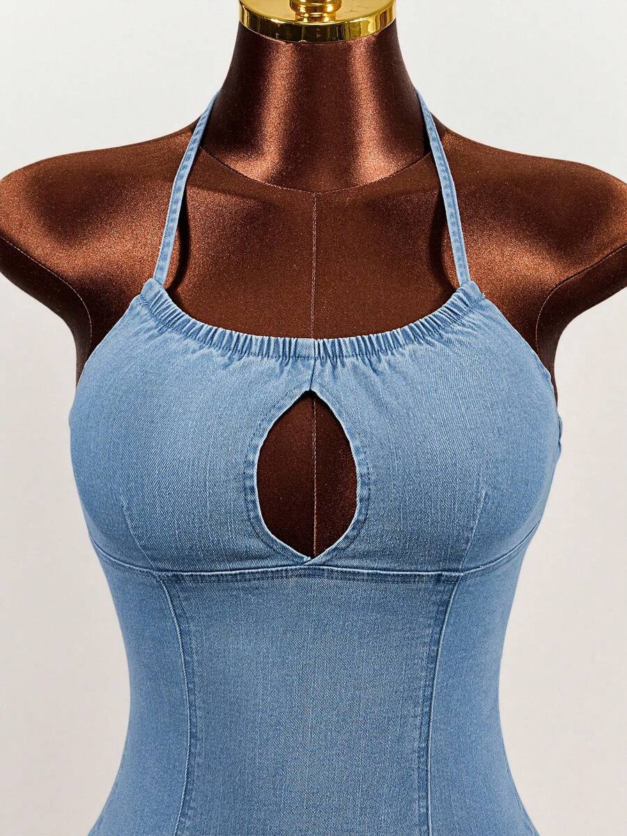 Women's blue denim halter mini dress featuring front cut-out details and a flounce ruffle hem.
