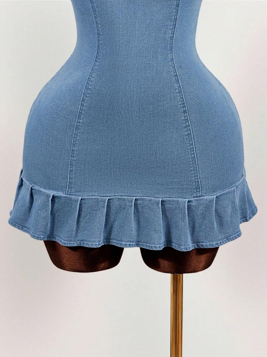Women's blue denim halter mini dress featuring front cut-out details and a flounce ruffle hem.