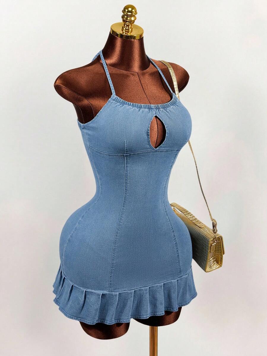 Women's blue denim halter mini dress featuring front cut-out details and a flounce ruffle hem.