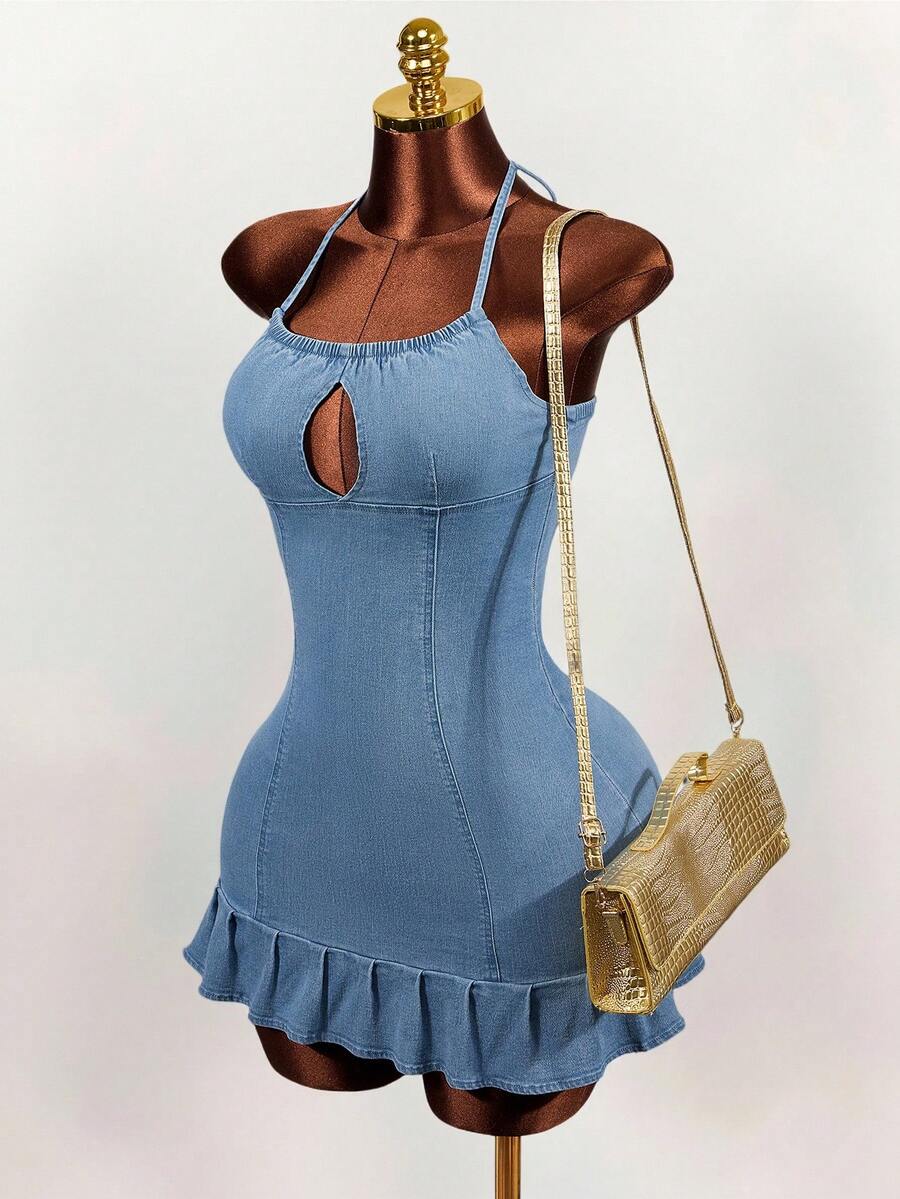 Women's blue denim halter mini dress featuring front cut-out details and a flounce ruffle hem.