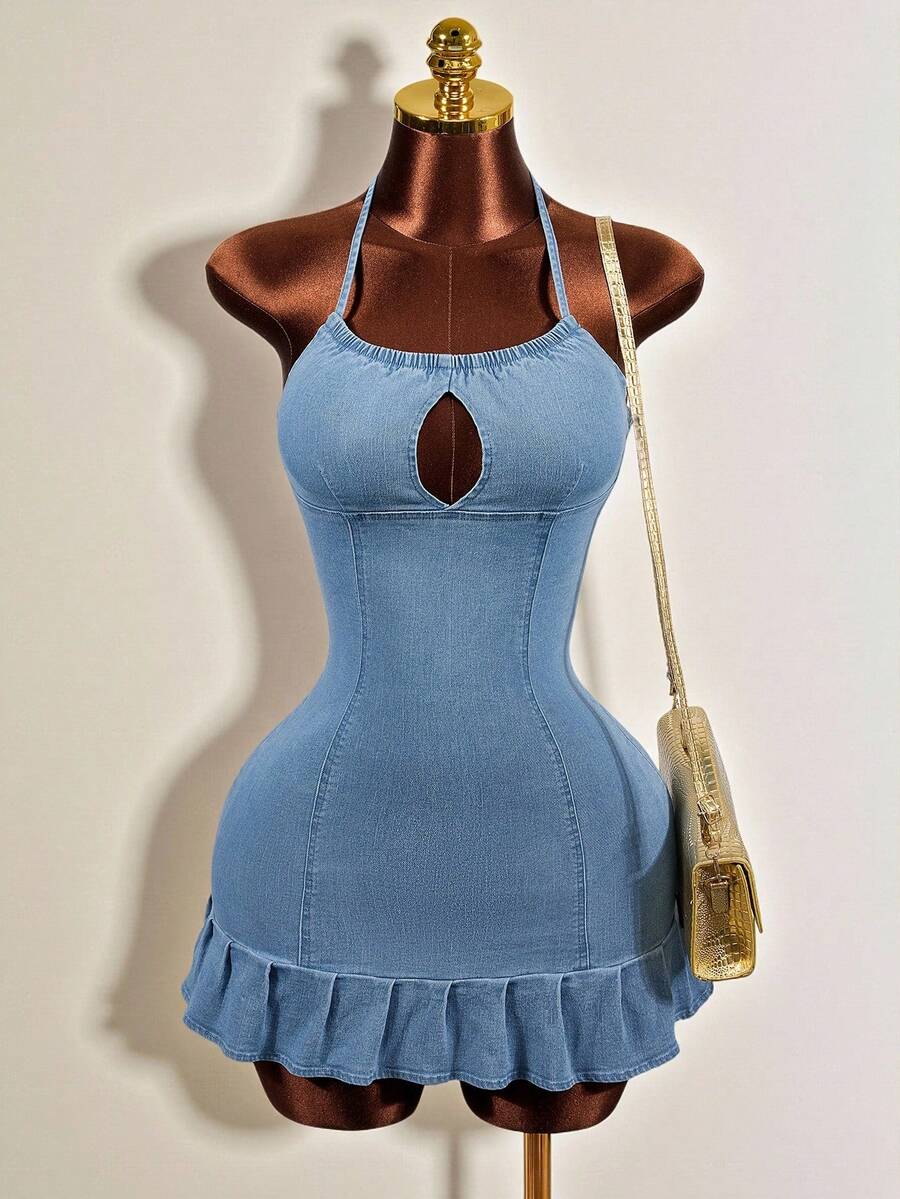Women's blue denim halter mini dress featuring front cut-out details and a flounce ruffle hem.