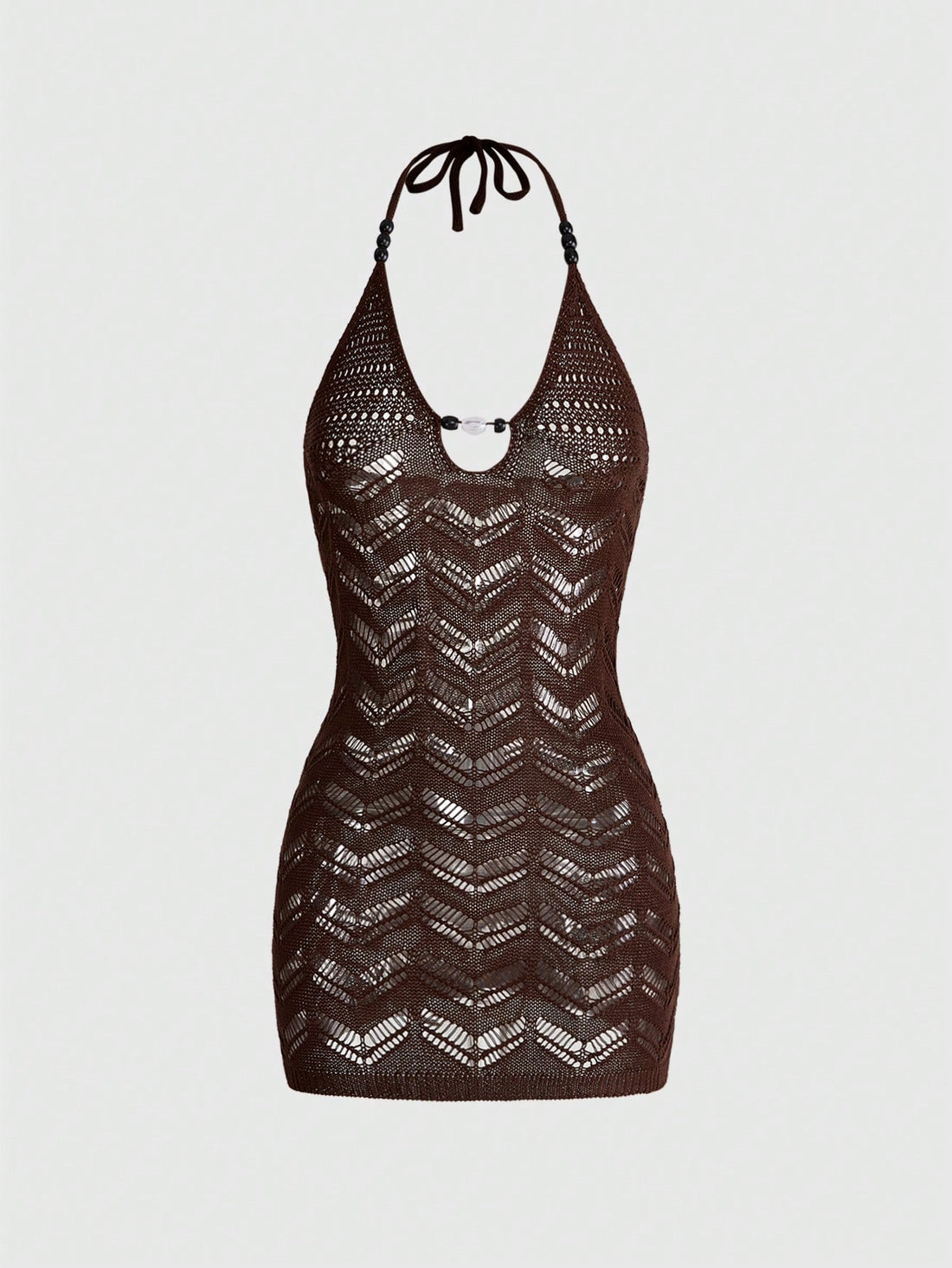Front view of a brown halter knit mini dress featuring pointelle patterns and wood bead decor.