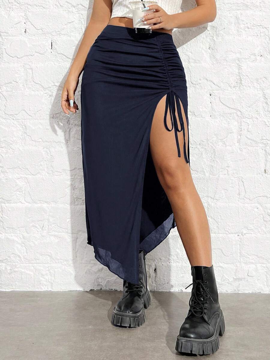Women's black high-waisted bodycon long skirt featuring a drawstring split thigh detail and mesh fabric.