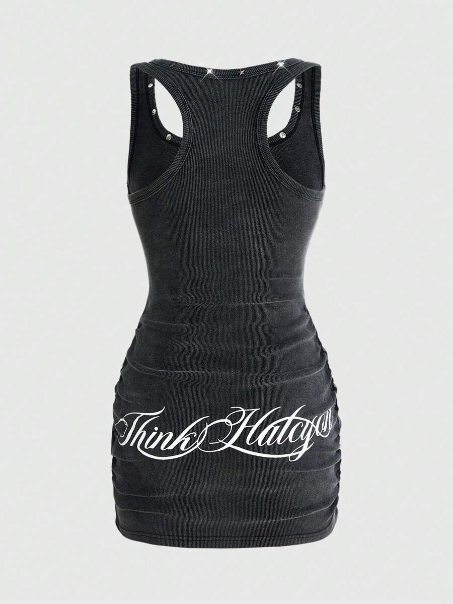 Army green short sleeve ruched bodycon mini dress for women featuring a scoop neckline and slim fit pencil hem.