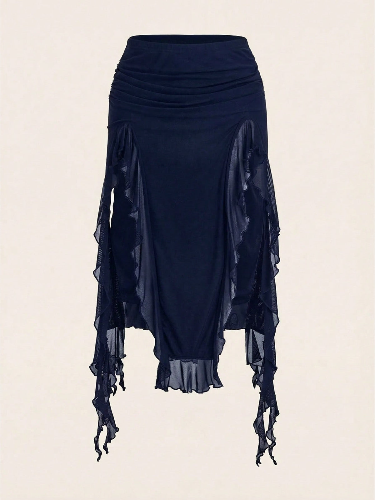 Women's black low rise asymmetrical midi skirt with ruched mesh fabric and layered ruffle hem