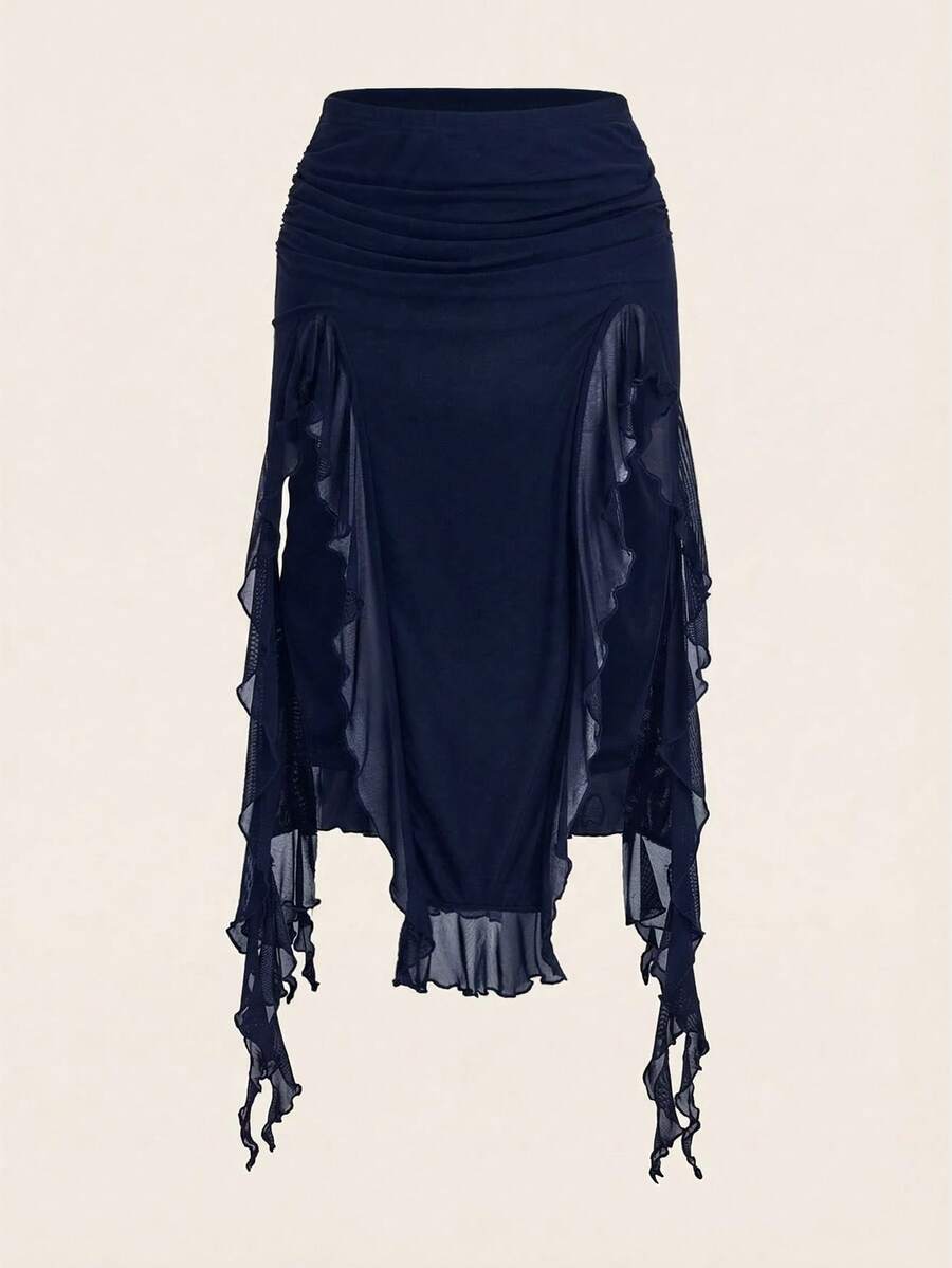 Women's black low rise asymmetrical midi skirt with ruched mesh fabric and layered ruffle hem