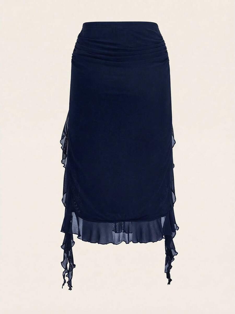 Women's black low rise asymmetrical midi skirt with ruched mesh fabric and layered ruffle hem