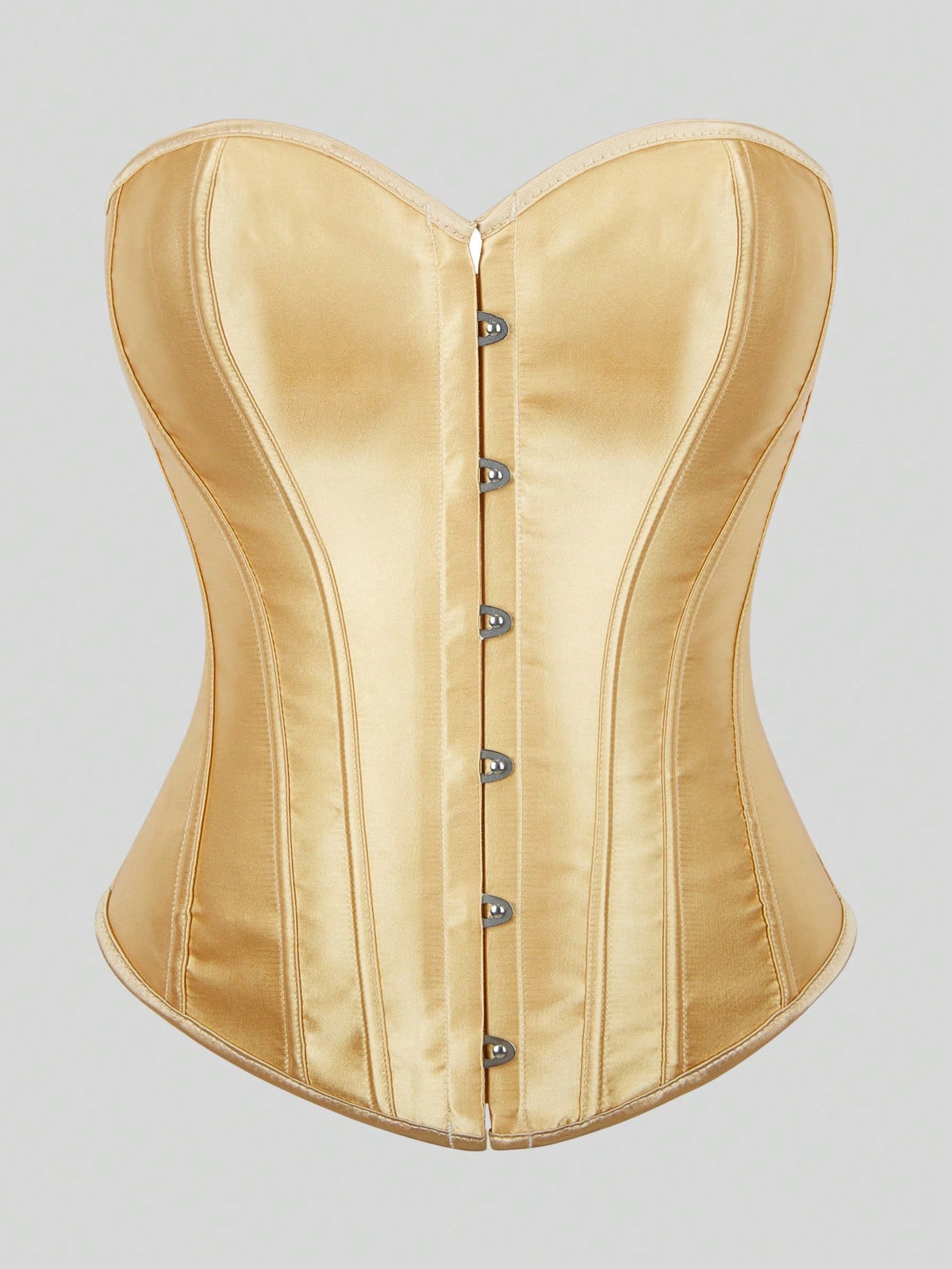 Blue satin bustier corset with front closure, back lace-up detail, and boned shaping for a retro-inspired party look.