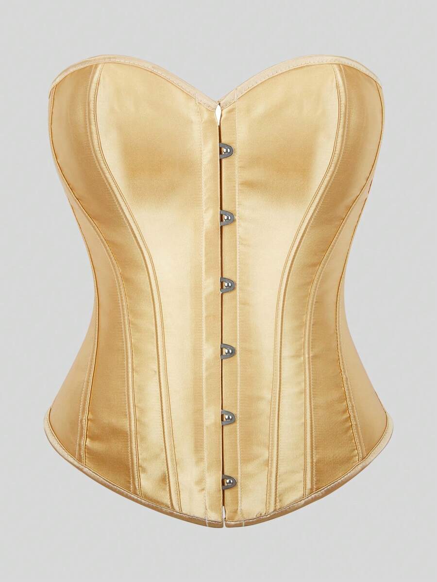 Blue satin bustier corset with front closure, back lace-up detail, and boned shaping for a retro-inspired party look.