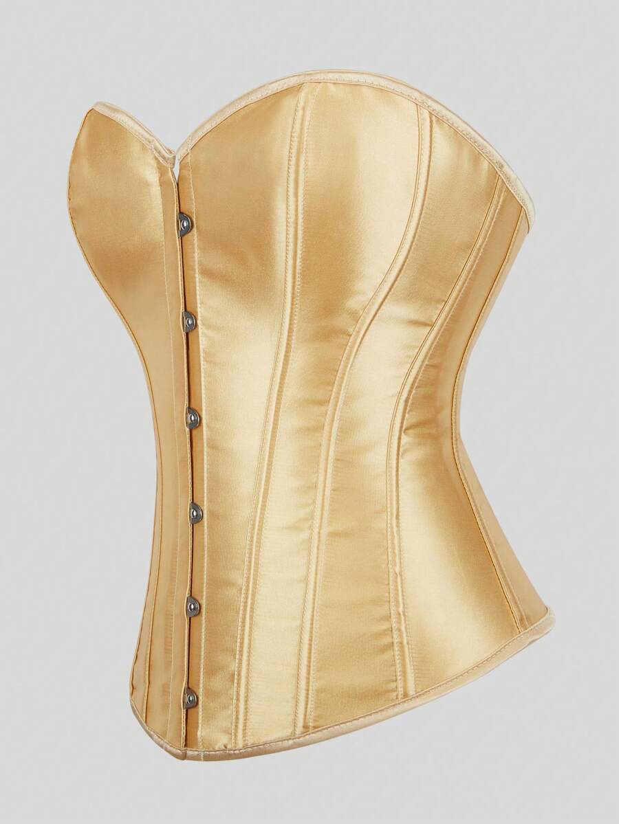 Blue satin bustier corset with front closure, back lace-up detail, and boned shaping for a retro-inspired party look.