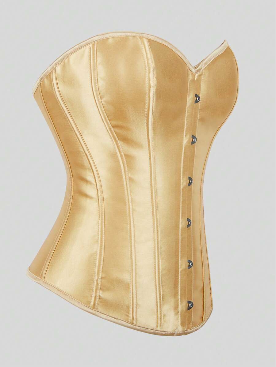 Blue satin bustier corset with front closure, back lace-up detail, and boned shaping for a retro-inspired party look.