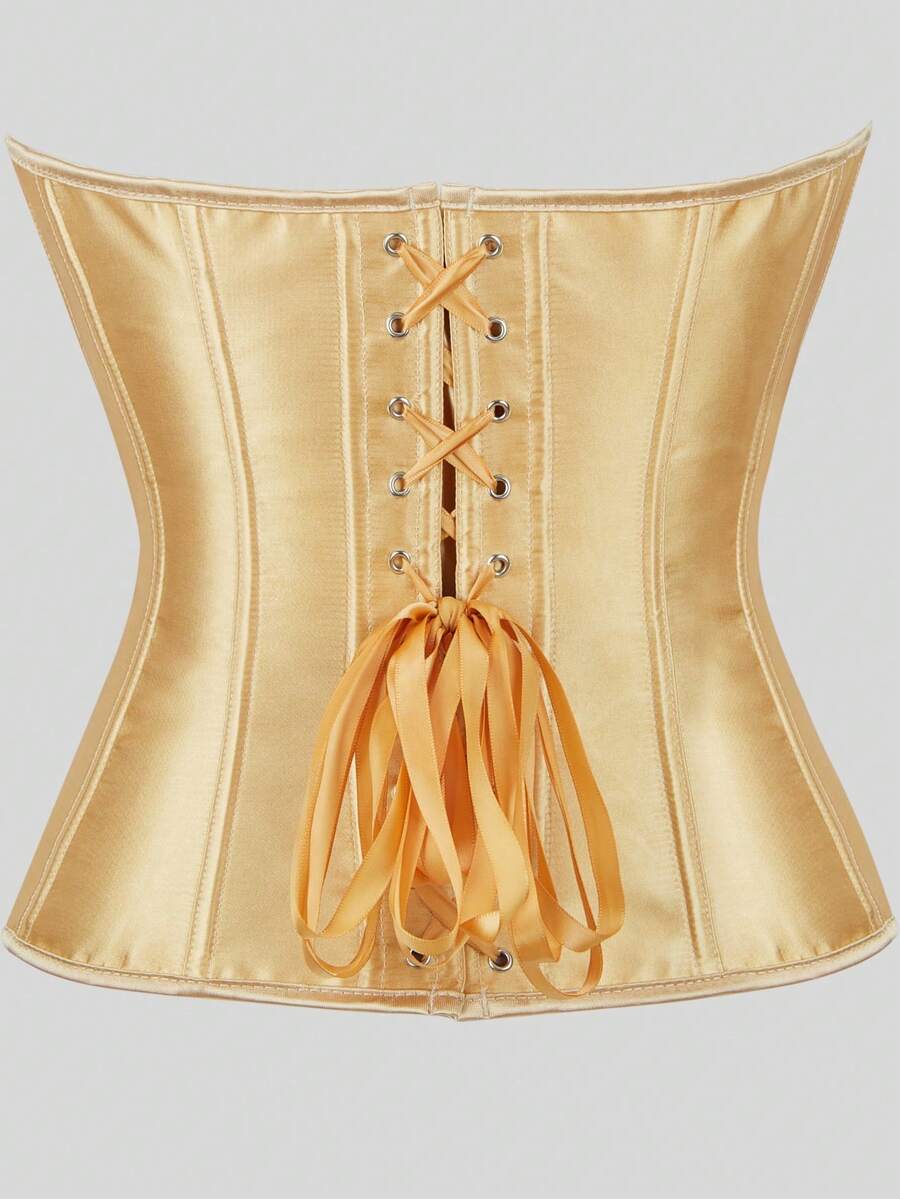 Blue satin bustier corset with front closure, back lace-up detail, and boned shaping for a retro-inspired party look.