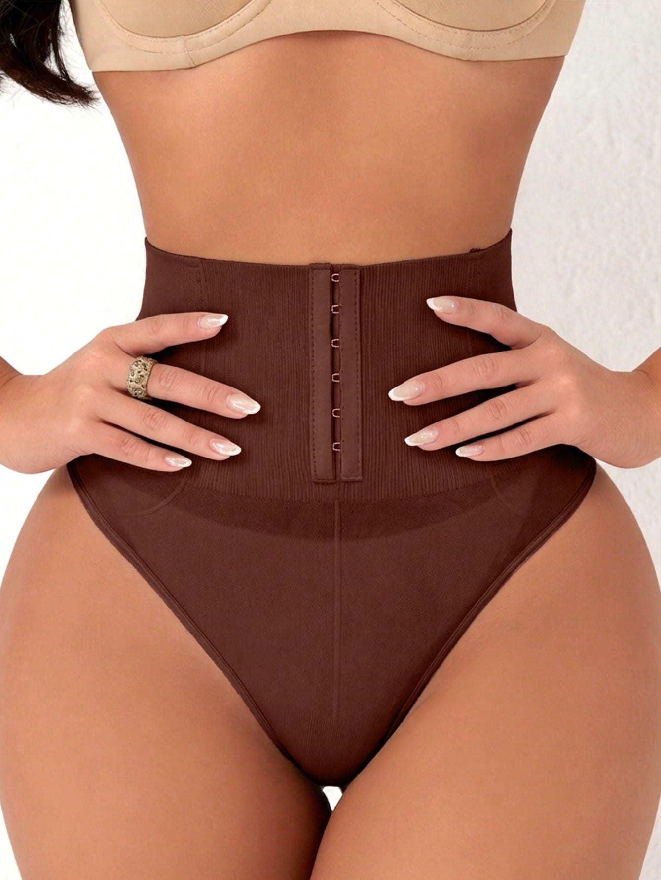 Women's high waist tummy control shaping briefs with hook-and-eye closure and strong stretch support