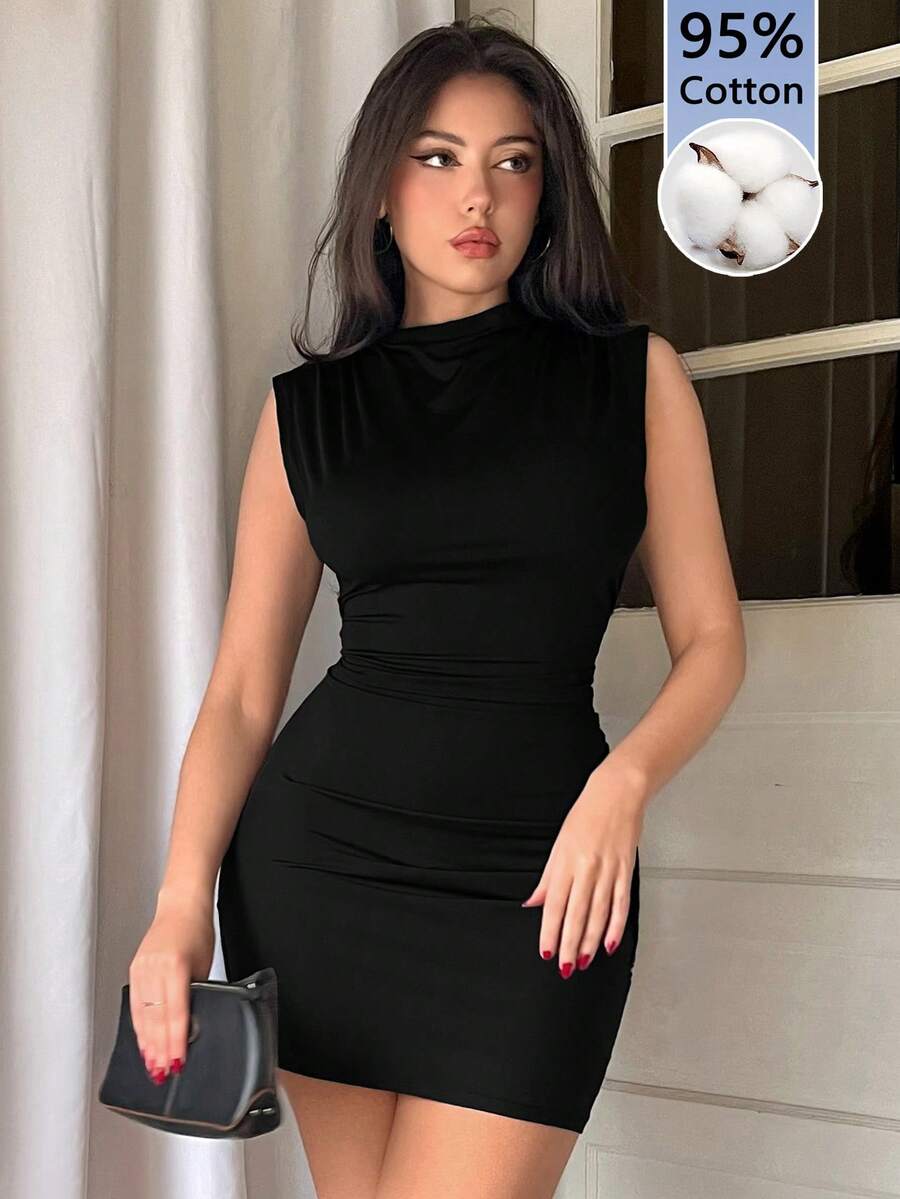 Army green sleeveless bodycon mini dress with a stand collar, ruched details, and zipper back.
