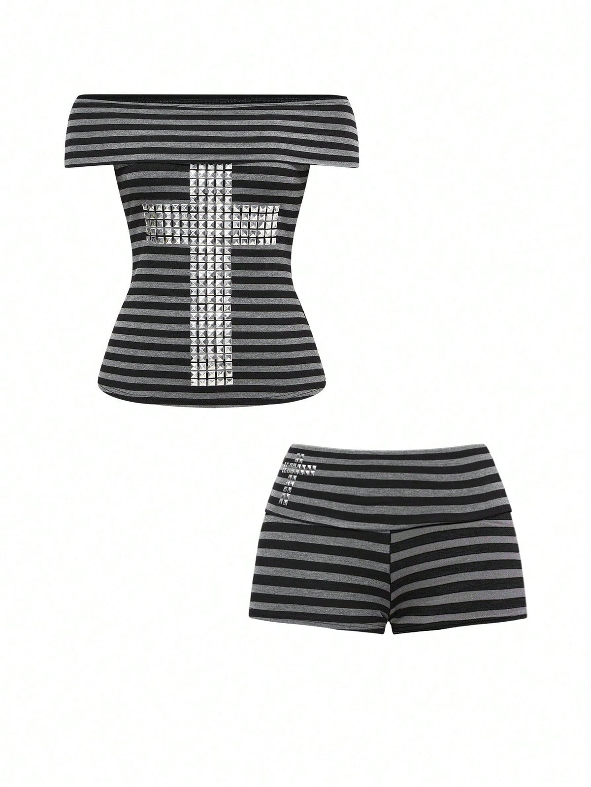 Multicolor striped two-piece outfit featuring a short-sleeve cross off-shoulder top with rivet accents and low-waist mini shorts.