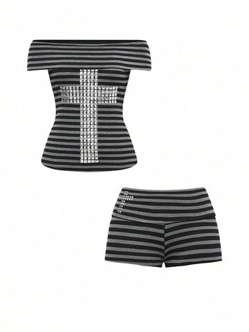 Multicolor striped two-piece outfit featuring a short-sleeve cross off-shoulder top with rivet accents and low-waist mini shorts.
