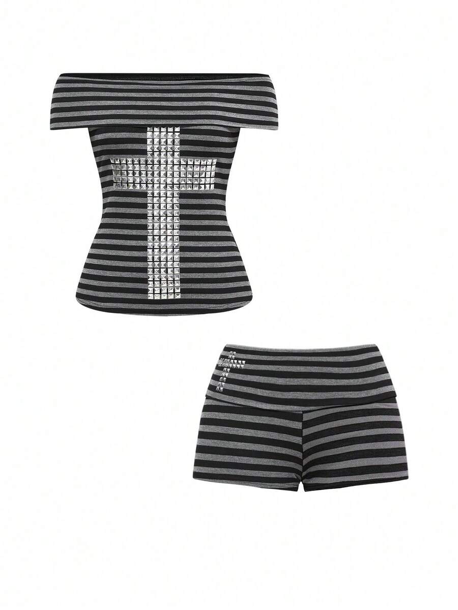 Multicolor striped two-piece outfit featuring a short-sleeve cross off-shoulder top with rivet accents and low-waist mini shorts.