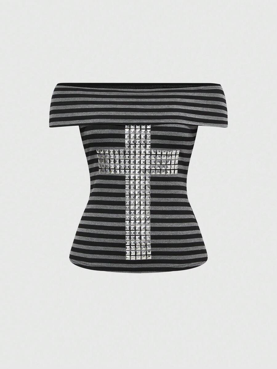 Multicolor striped two-piece outfit featuring a short-sleeve cross off-shoulder top with rivet accents and low-waist mini shorts.