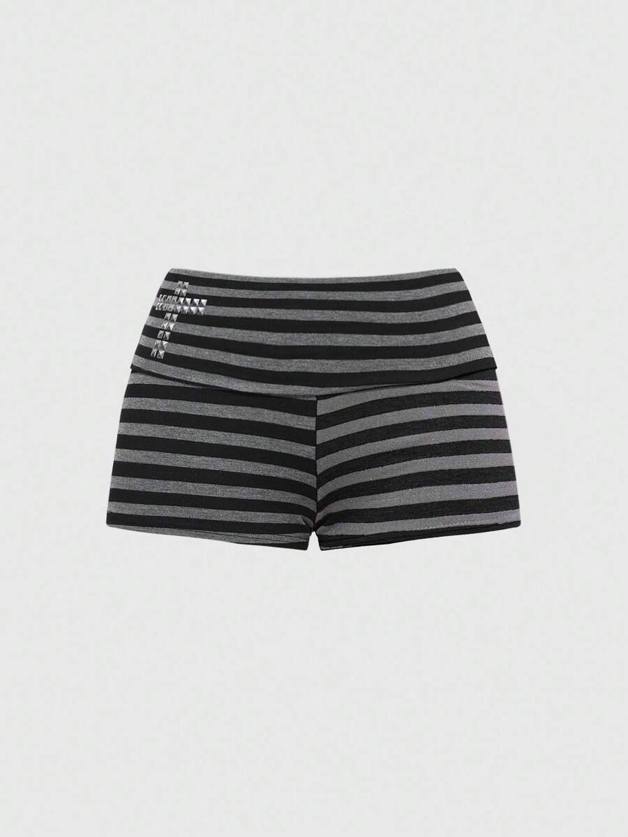 Multicolor striped two-piece outfit featuring a short-sleeve cross off-shoulder top with rivet accents and low-waist mini shorts.