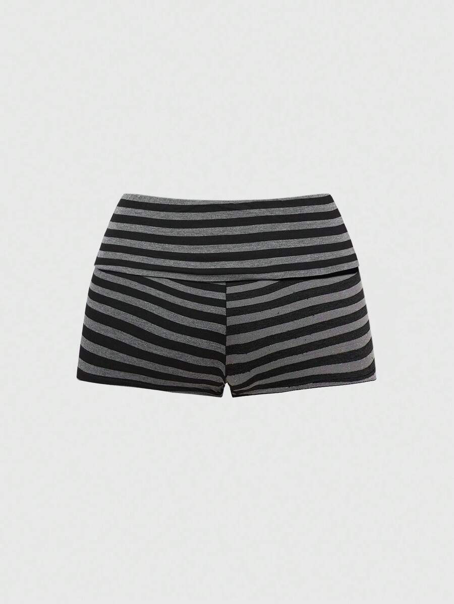 Multicolor striped two-piece outfit featuring a short-sleeve cross off-shoulder top with rivet accents and low-waist mini shorts.