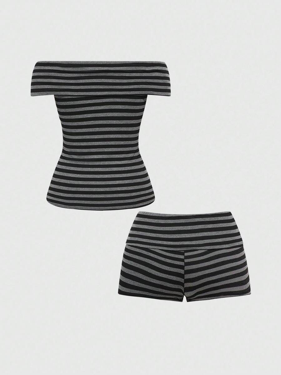 Multicolor striped two-piece outfit featuring a short-sleeve cross off-shoulder top with rivet accents and low-waist mini shorts.