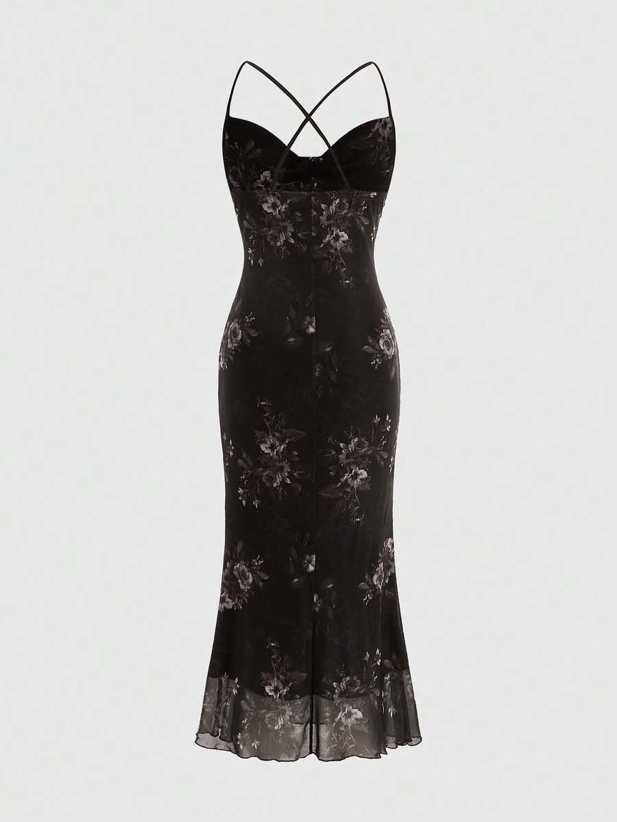 Women's floral print backless cami long dress featuring spaghetti straps, high waist, ruched detailing, and a mermaid hem with split thigh