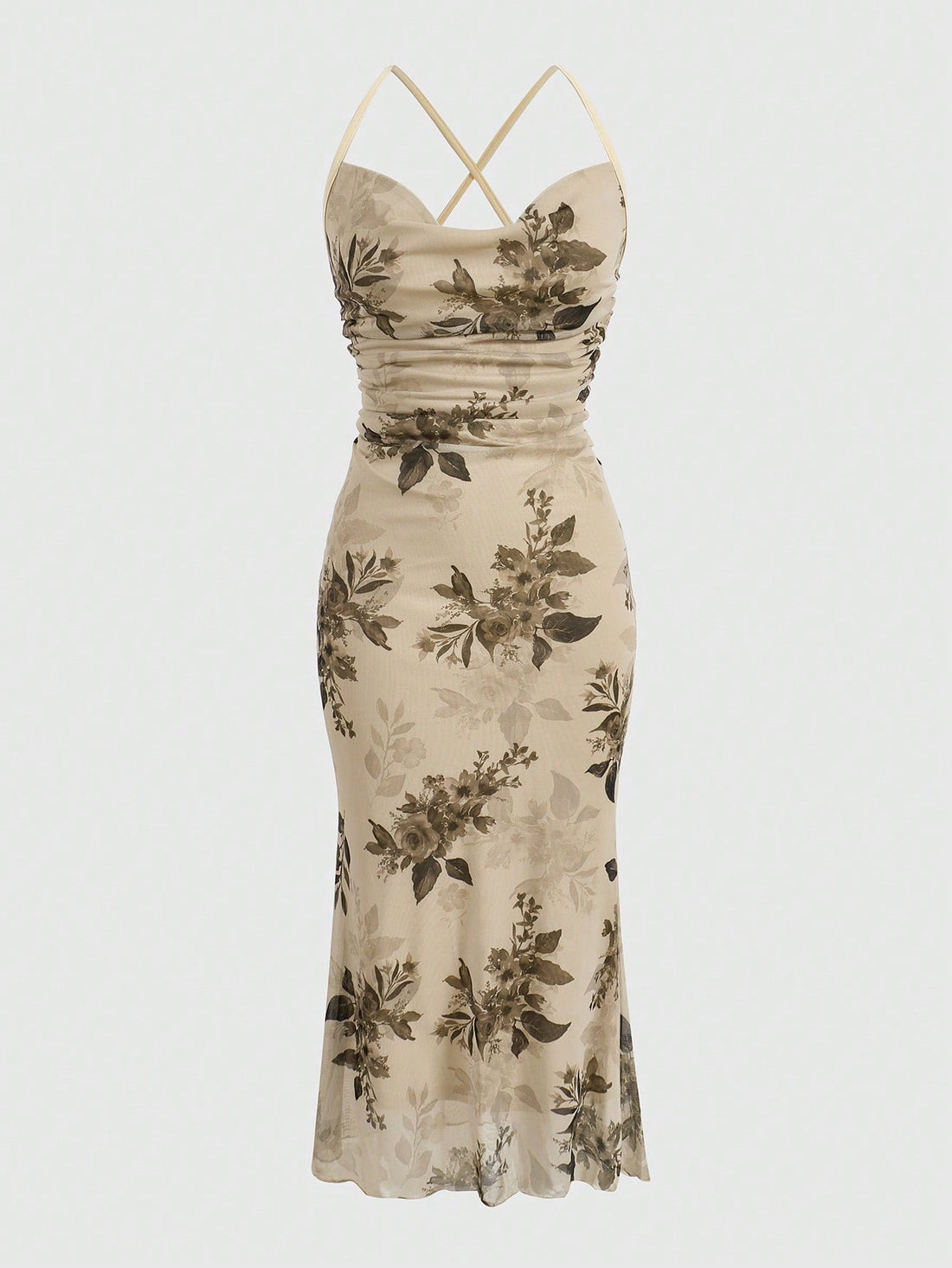 Women's floral print backless cami long dress featuring spaghetti straps, high waist, ruched detailing, and a mermaid hem with split thigh