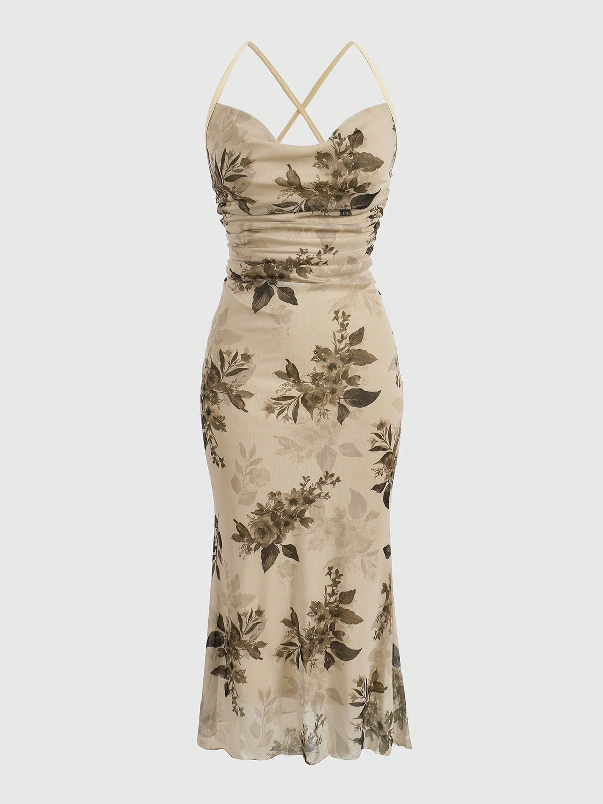 Women's floral print backless cami long dress featuring spaghetti straps, high waist, ruched detailing, and a mermaid hem with split thigh
