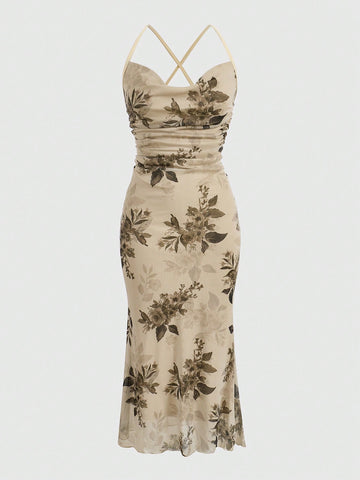 Women's floral print backless cami long dress featuring spaghetti straps, high waist, ruched detailing, and a mermaid hem with split thigh