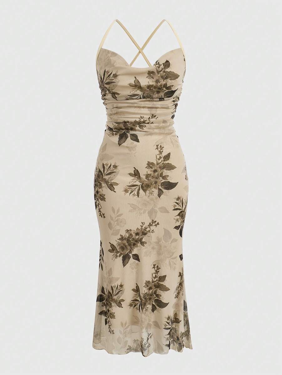 Women's floral print backless cami long dress featuring spaghetti straps, high waist, ruched detailing, and a mermaid hem with split thigh