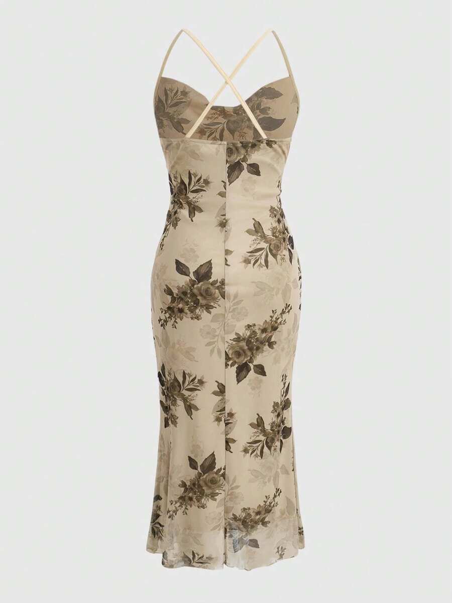 Women's floral print backless cami long dress featuring spaghetti straps, high waist, ruched detailing, and a mermaid hem with split thigh