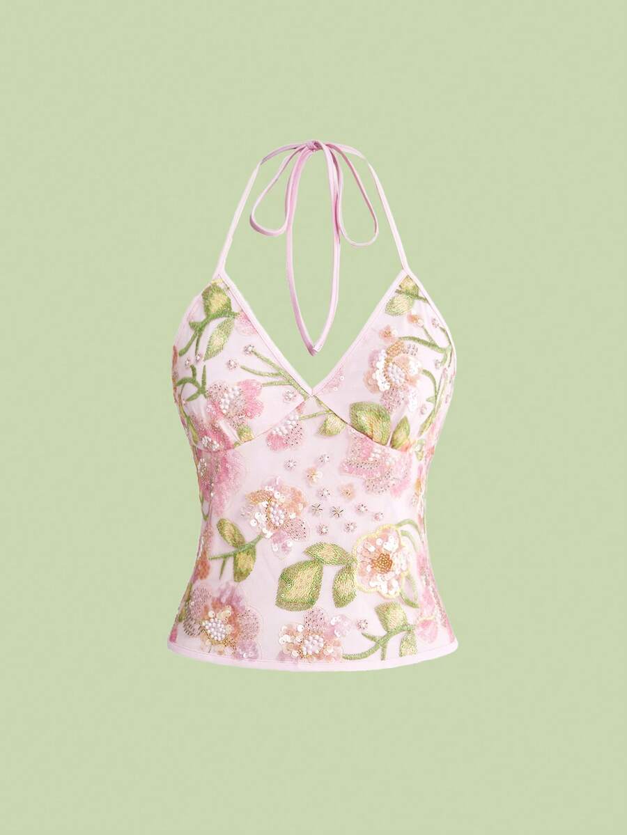 Women's floral embroidery backless halter crop top featuring contrast lace, ruched detailing, and slim fit in knitted pink fabric.