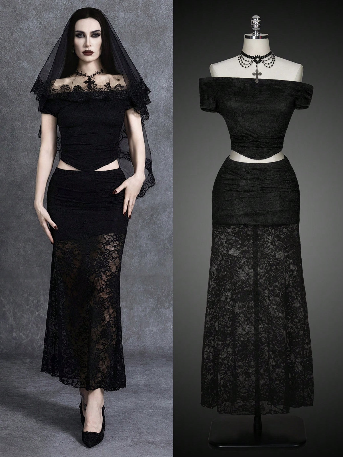 Black two-piece outfit set for women featuring an off-the-shoulder lace short sleeve top and a matching ruched asymmetrical short skirt.