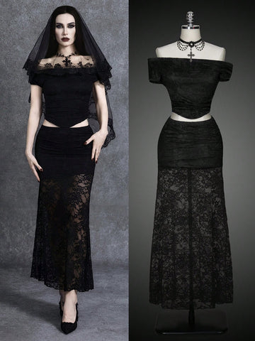 Black two-piece outfit set for women featuring an off-the-shoulder lace short sleeve top and a matching ruched asymmetrical short skirt.