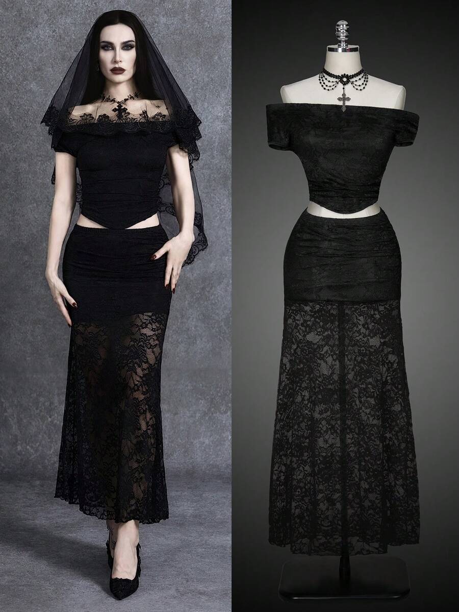 Black two-piece outfit set for women featuring an off-the-shoulder lace short sleeve top and a matching ruched asymmetrical short skirt.