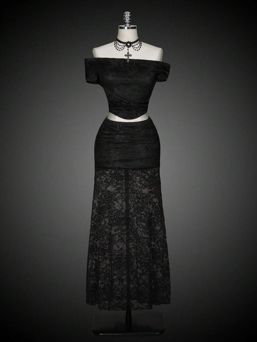 Black two-piece outfit set for women featuring an off-the-shoulder lace short sleeve top and a matching ruched asymmetrical short skirt.