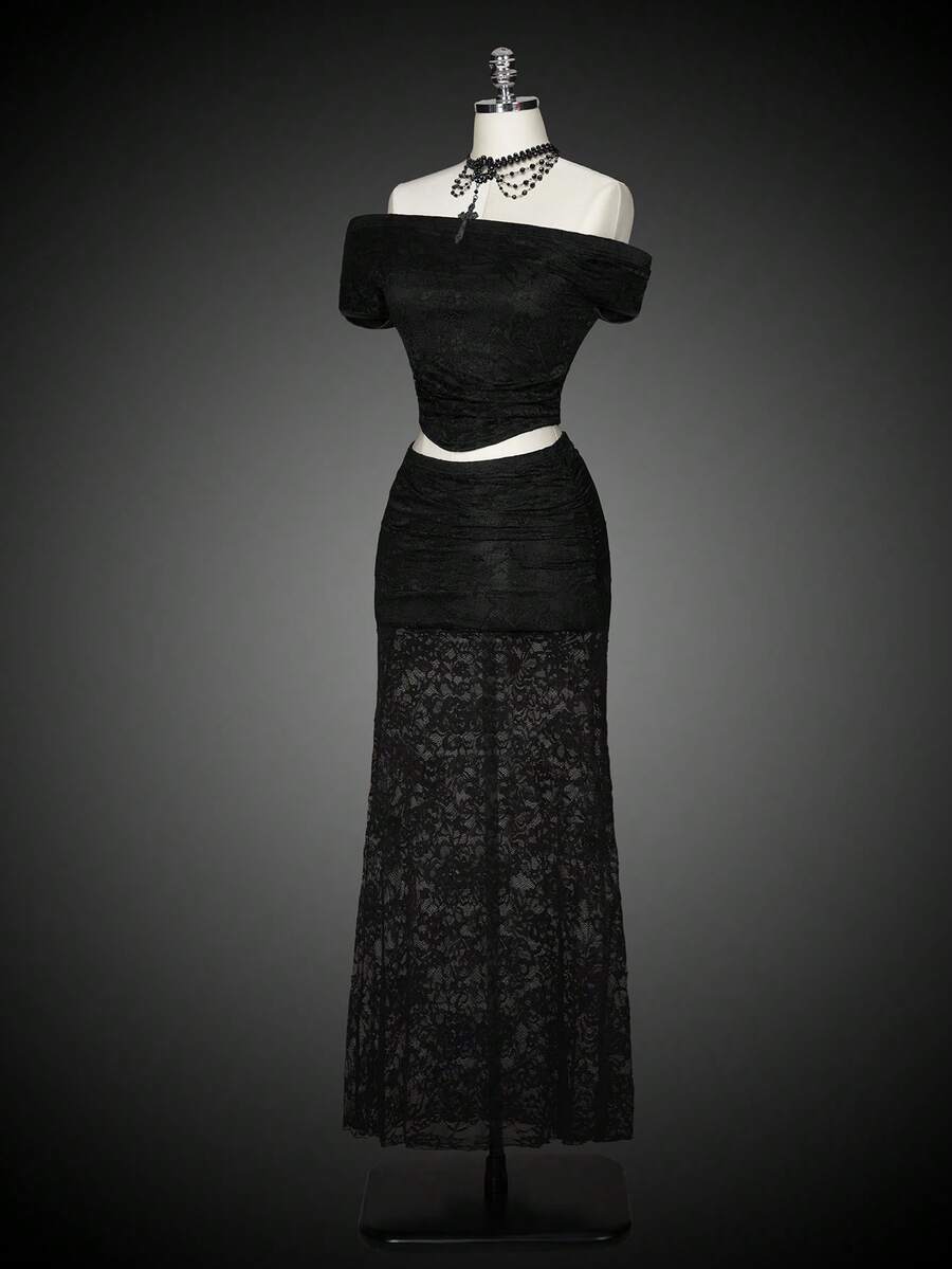 Black two-piece outfit set for women featuring an off-the-shoulder lace short sleeve top and a matching ruched asymmetrical short skirt.