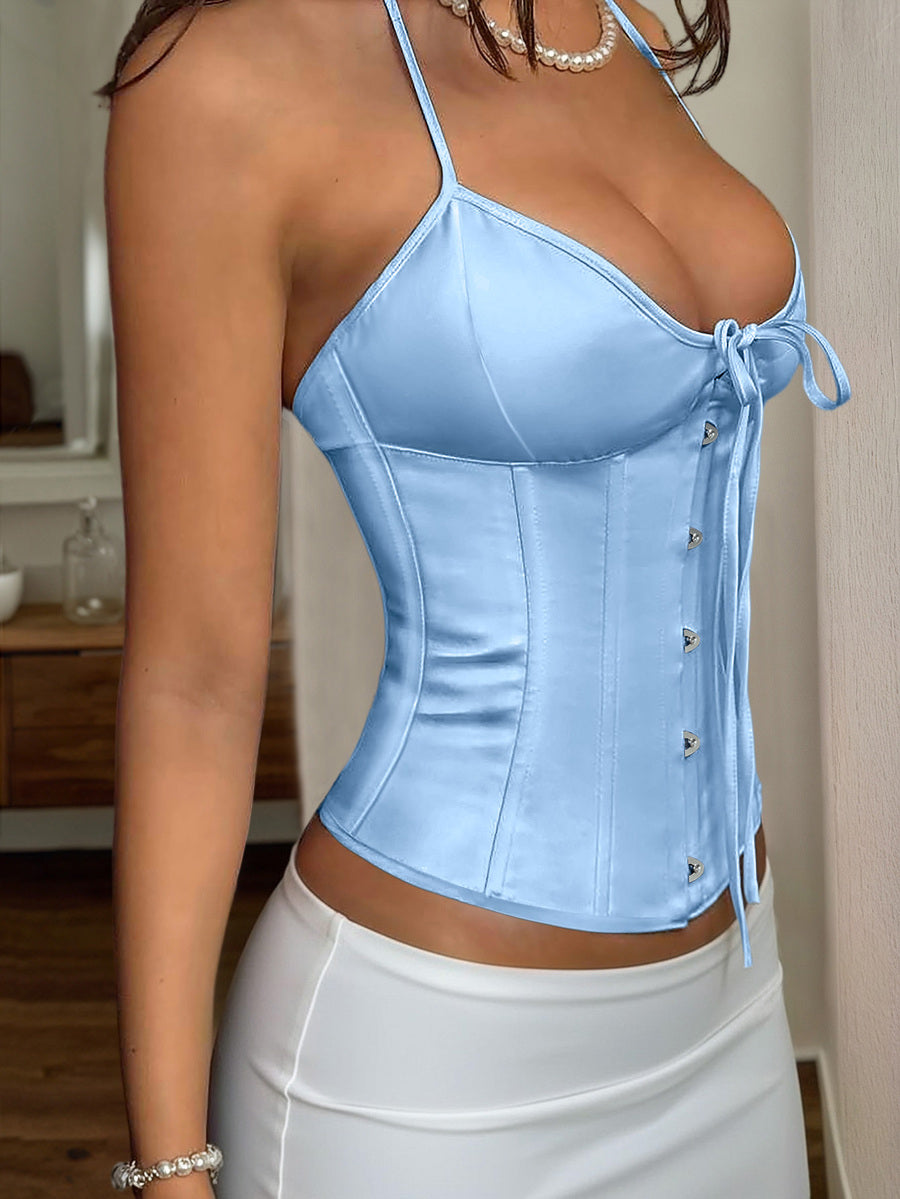 Black satin corset camisole crop top for women with halter neckline, front hook closure, back lace-up detail, and boned waist shaping.