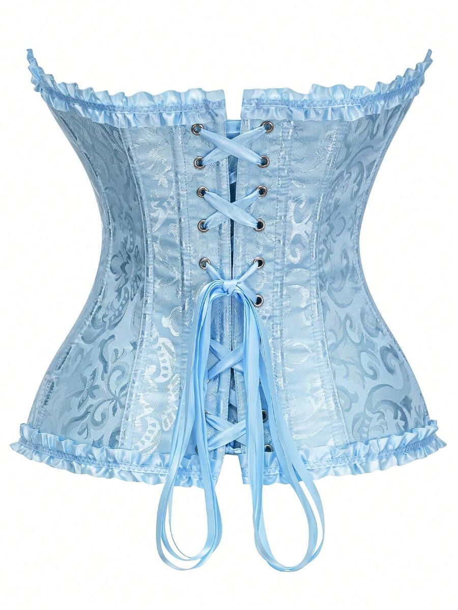 Women's strapless backless shapewear corset camisole top with floral lace, lace-up front, and grommet eyelet details.